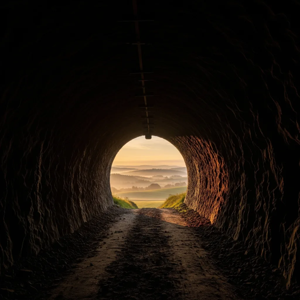 Vedere din interiorul unui tunel întunecat și circular, care simbolizează o perioadă de depresie, privind spre o vale superbă, învăluită în ceață, cu dealuri domoale, în timpul unui răsărit sau apus auriu. Imaginea reprezintă speranța și recuperarea din depresie.
