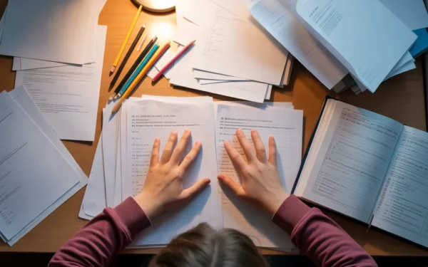 Anxietatea de performanță la adolescenți — birou cu lucrări de examen și creioane