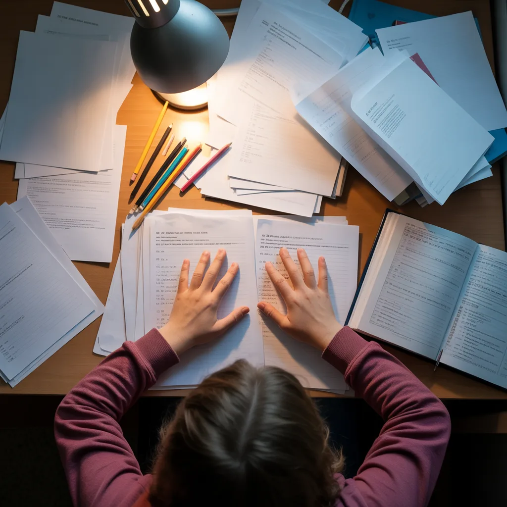 Anxietatea de performanță la adolescenți — birou cu lucrări de examen și creioane