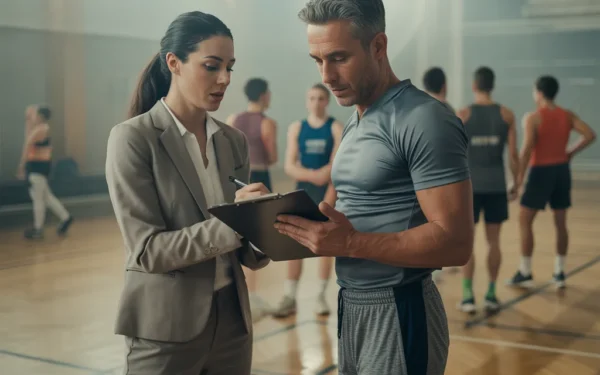 AI-generated image: Wide establishing shot of a diverse coaching session in a modern gymnasium space. A female sports ps