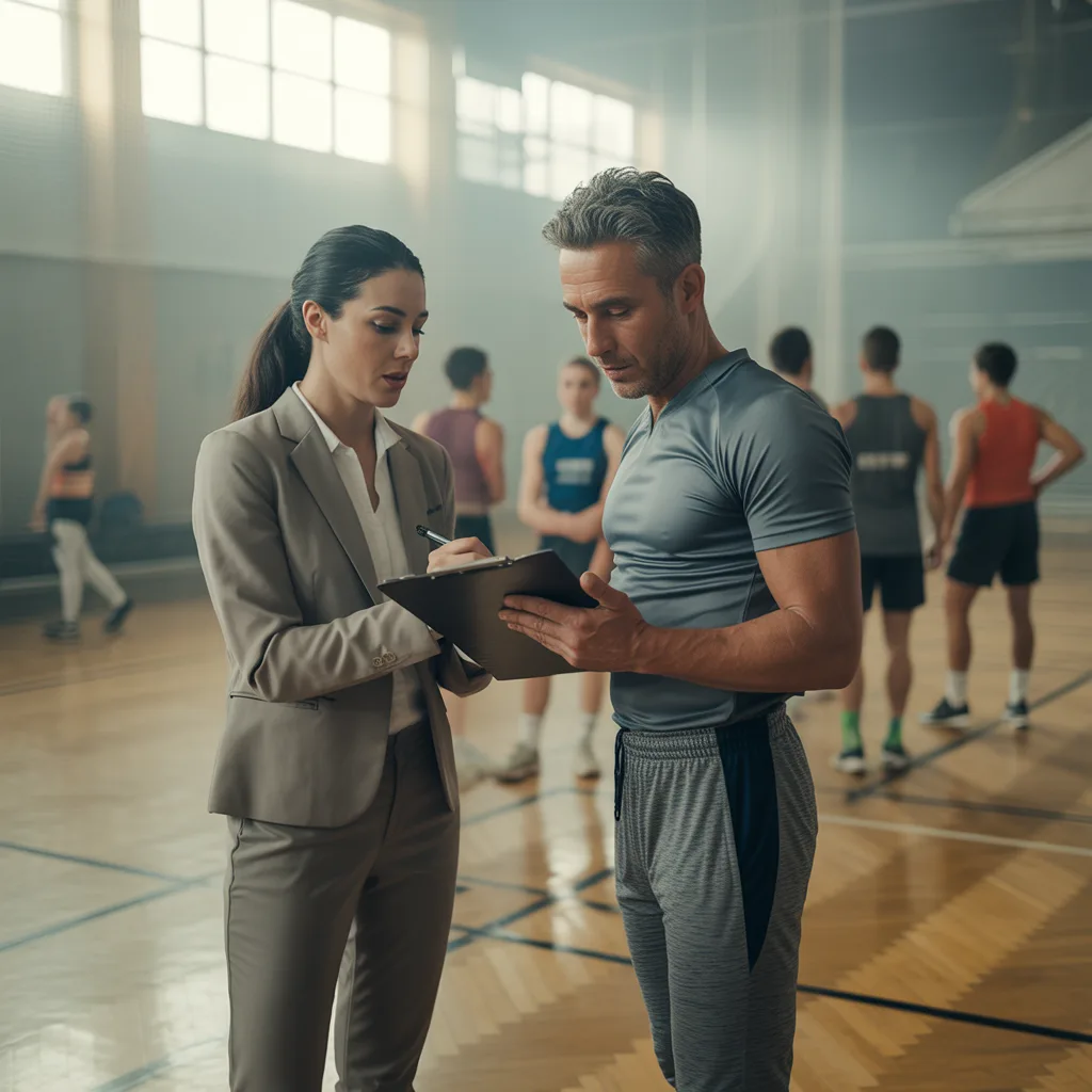 AI-generated image: Wide establishing shot of a diverse coaching session in a modern gymnasium space. A female sports ps