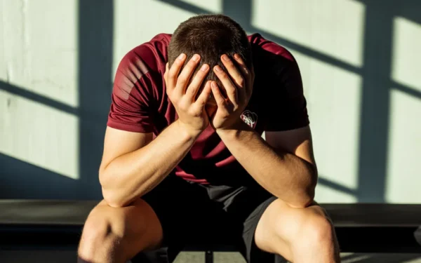 AI-generated image: Dramatic overhead angle of a young athlete wearing a burgundy training shirt sitting alone on a gym