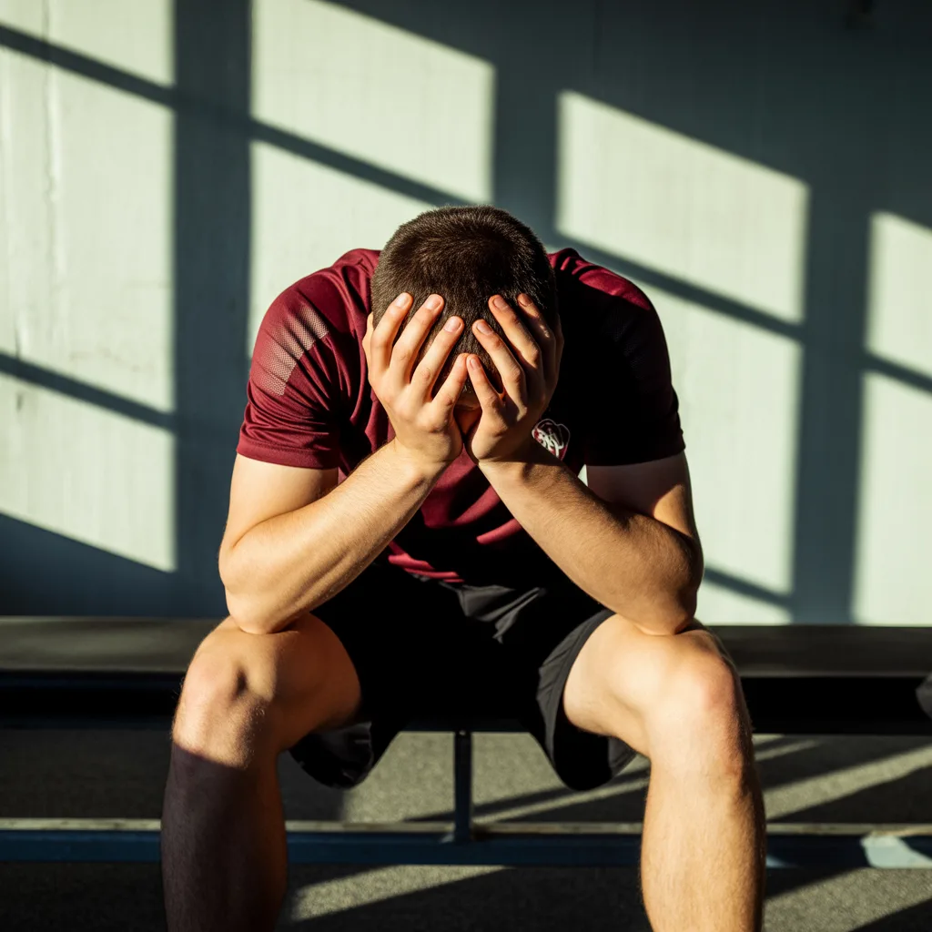 AI-generated image: Dramatic overhead angle of a young athlete wearing a burgundy training shirt sitting alone on a gym