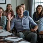 AI-generated image: Wide shot of a professional office setting during a meeting, showing a young man in business casual