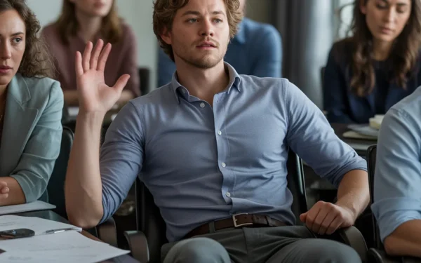 AI-generated image: Wide shot of a professional office setting during a meeting, showing a young man in business casual