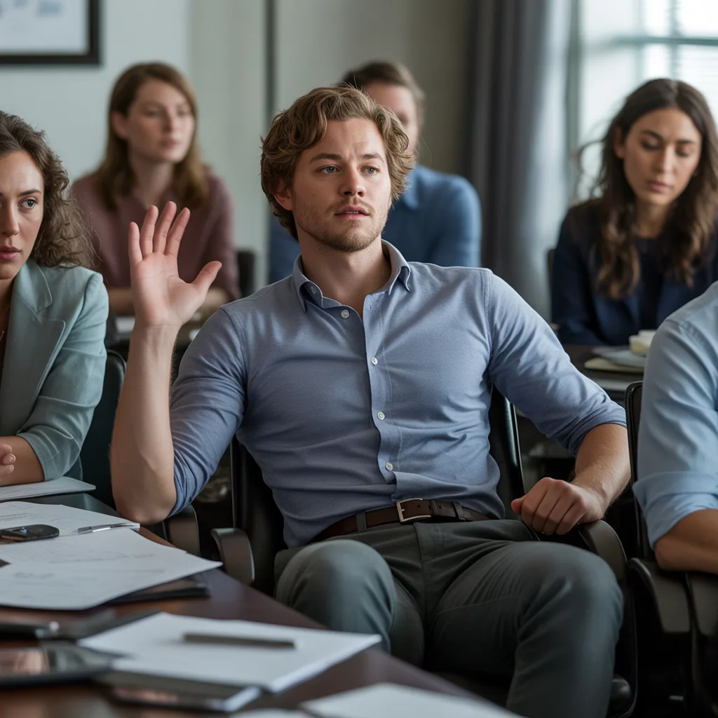 AI-generated image: Wide shot of a professional office setting during a meeting, showing a young man in business casual