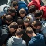 AI-generated image: Dramatic overhead perspective of a diverse group of athletes of varying ages and body types huddled