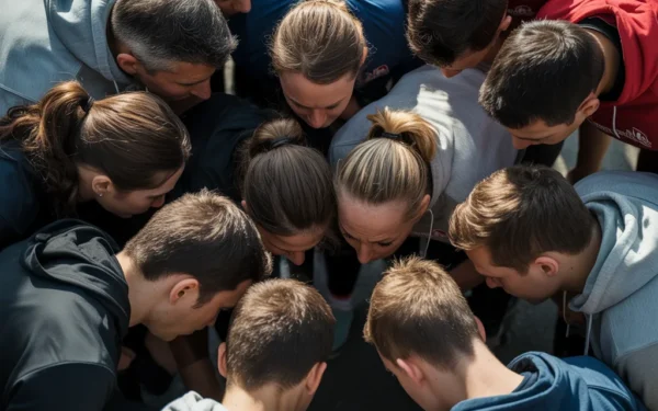 AI-generated image: Dramatic overhead perspective of a diverse group of athletes of varying ages and body types huddled