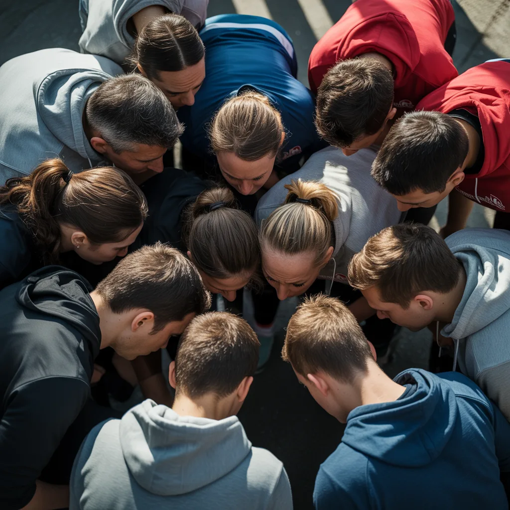 AI-generated image: Dramatic overhead perspective of a diverse group of athletes of varying ages and body types huddled