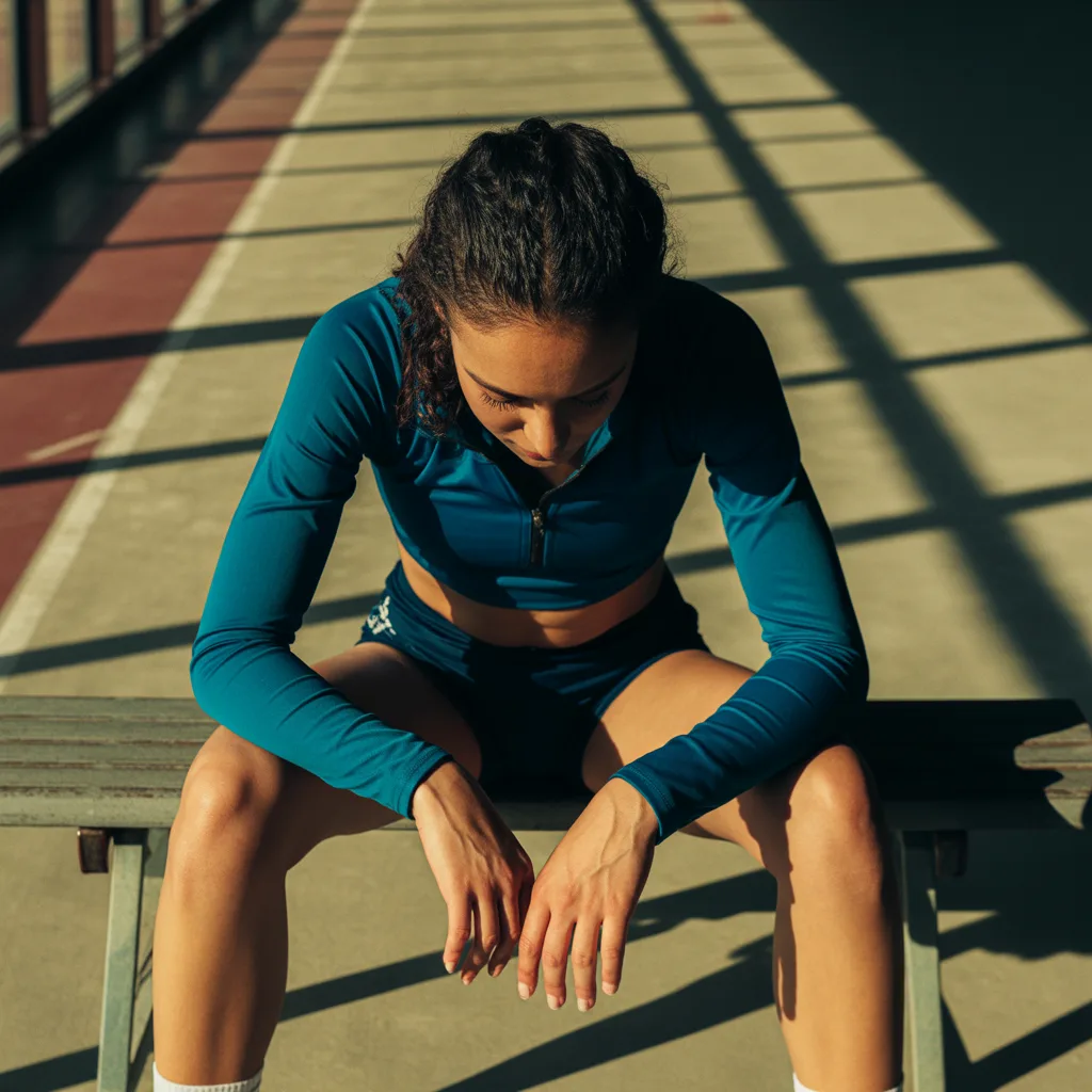 AI-generated image: Dynamic overhead perspective of a young female athlete in complete track uniform (fitted running sho