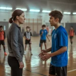 AI-generated image: Wide establishing shot of an indoor gymnasium during a youth sports training session. A female coach