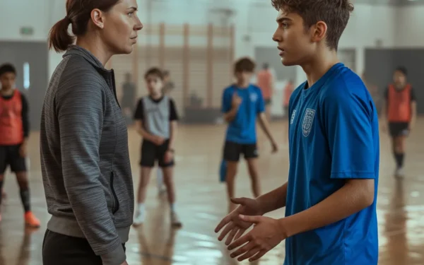 AI-generated image: Wide establishing shot of an indoor gymnasium during a youth sports training session. A female coach