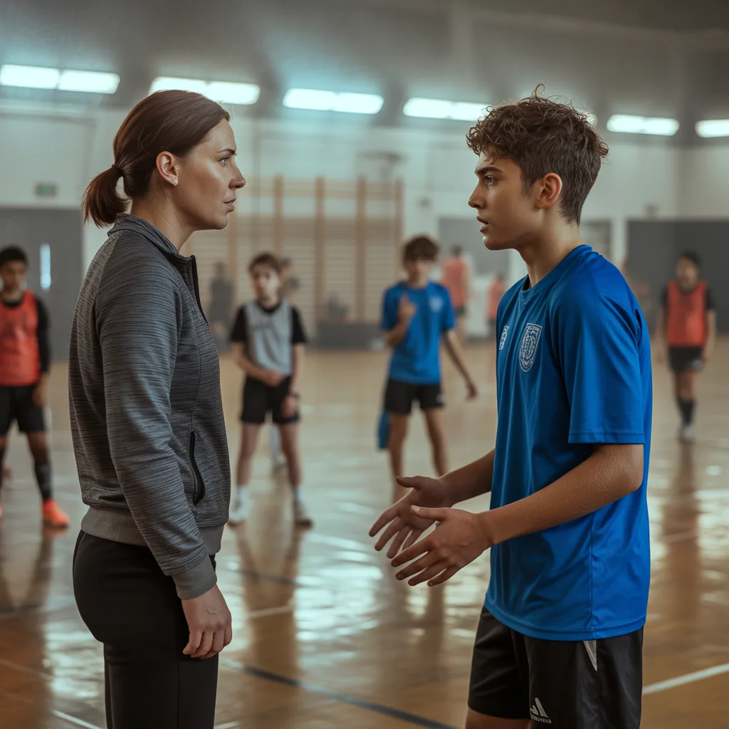 AI-generated image: Wide establishing shot of an indoor gymnasium during a youth sports training session. A female coach