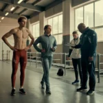 AI-generated image: Wide establishing shot of an indoor training facility with high ceilings and industrial lighting. A